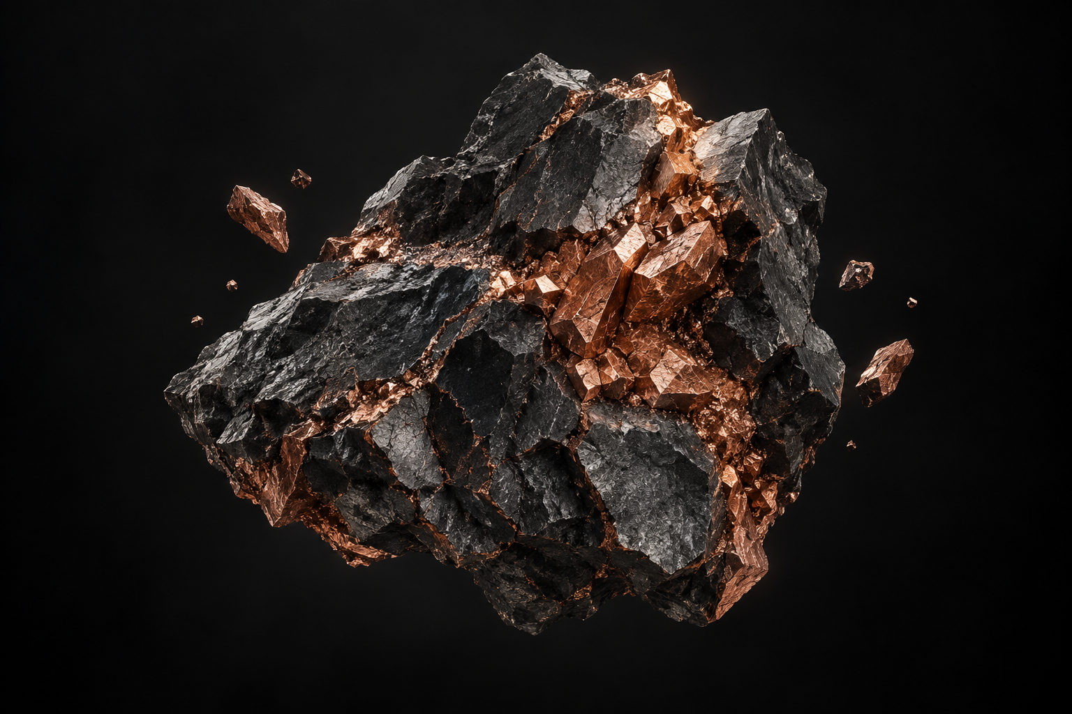 Dark mineral specimen with exposed copper crystals